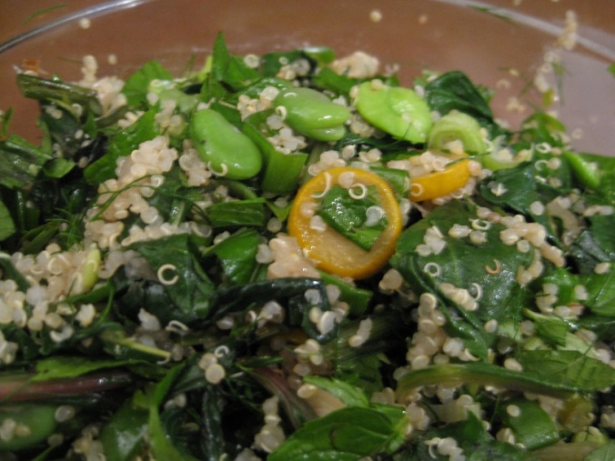 Quinoa bowl with beet greens and fava beans