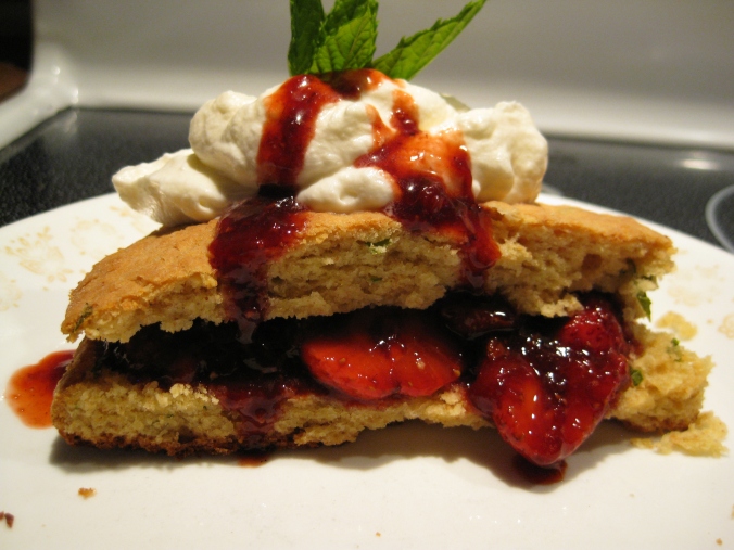 Strawberry balsamic shortcake with basil honey scones and honey whipped cream